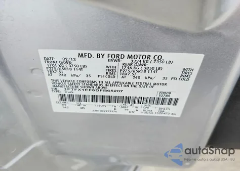 2013 Ford F150 Super Cab z USA, uszkodzony, nr VIN 1FTFX1EF6DFB65207